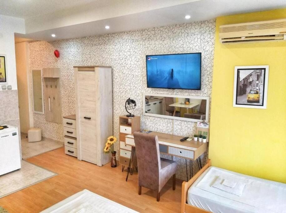 Bed, TV and multimedia, Kitchen or kitchenette, Living room, Photo of the whole room, Seating area, Dining area, Bedroom, wardrobe, air conditioner
