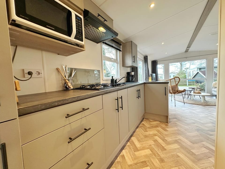 Kitchen or kitchenette, stove