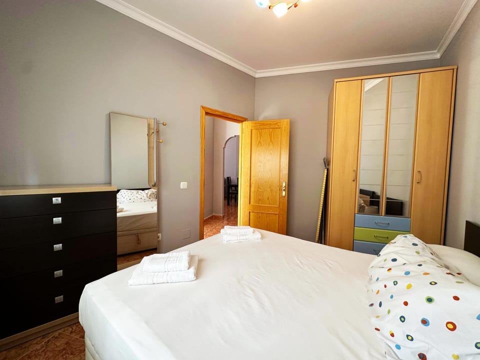 Bed, Photo of the whole room, Bedroom, hair dresser, towels, wardrobe
