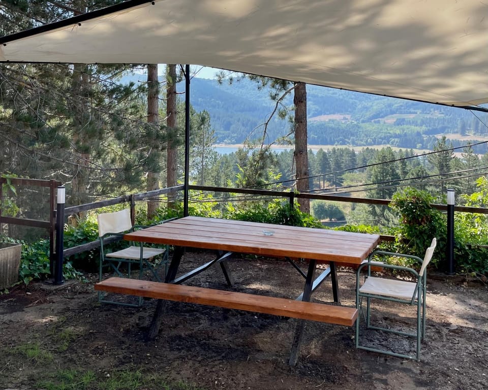 Patio, Natural landscape, Dining area, Lake view