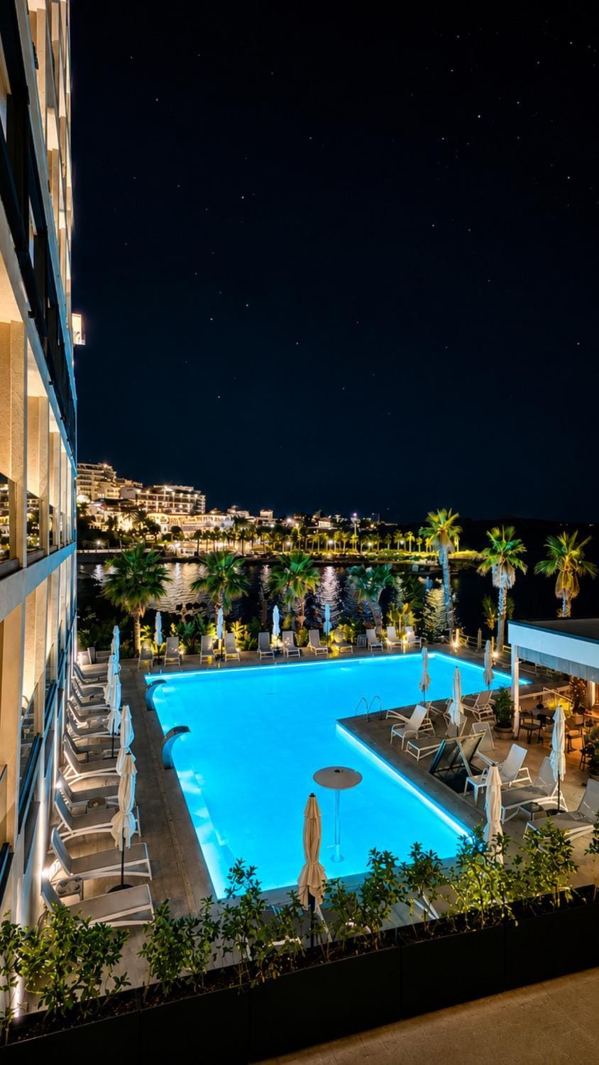 Night, Pool view, Swimming pool