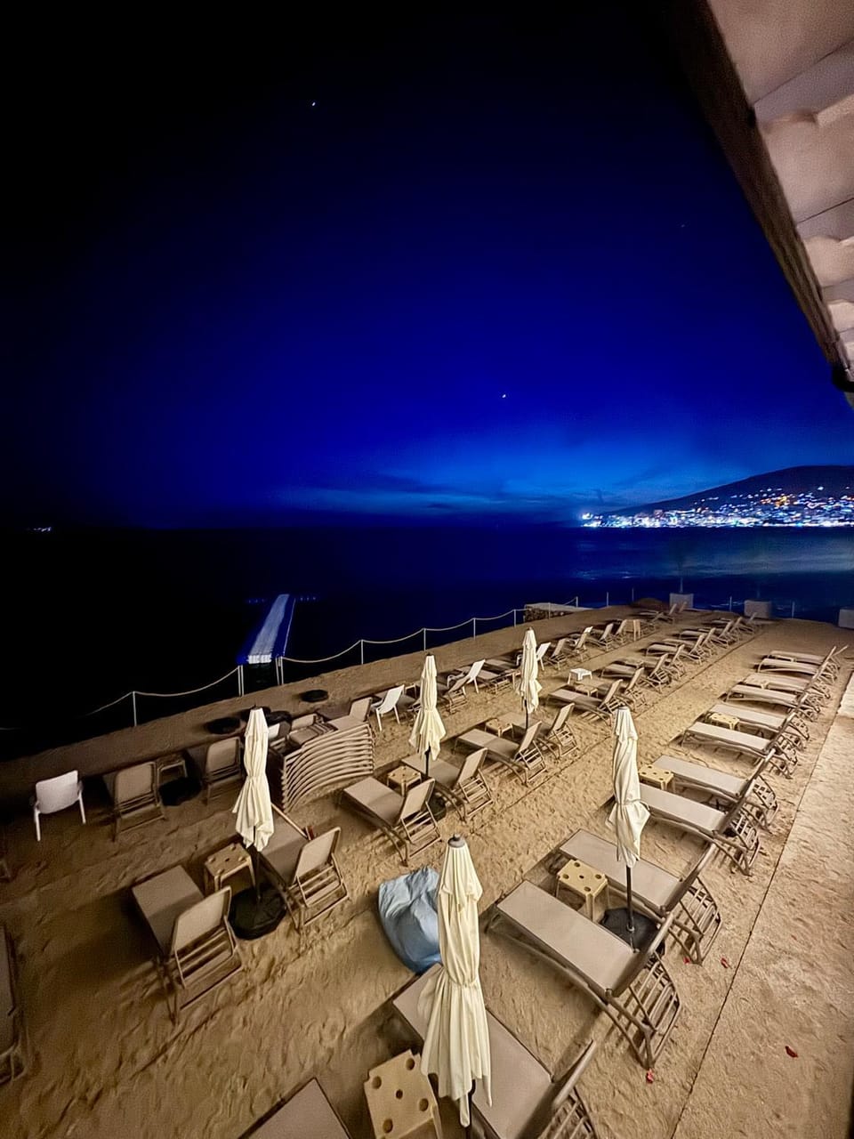 Night, Beach, Sea view, sunbed