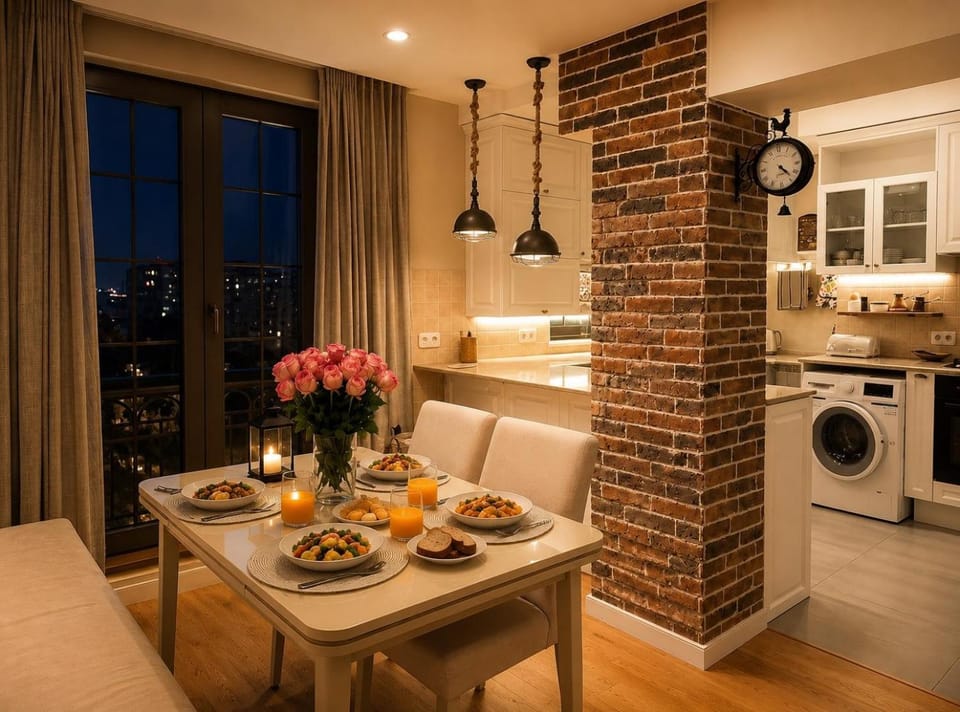 Kitchen or kitchenette, Living room, Food and drinks, Seating area, Dining area, Food, stove, washing machine, dryer
