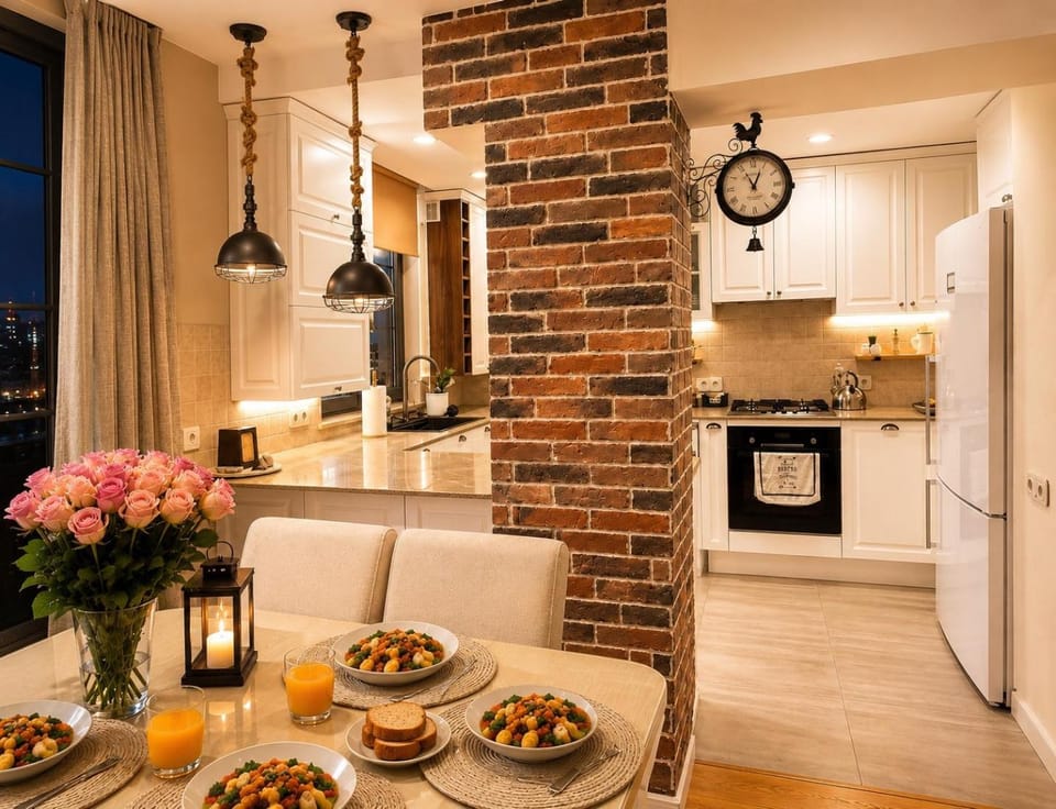 Kitchen or kitchenette, Living room, Food and drinks, Seating area, Dining area, Food, oven, stove