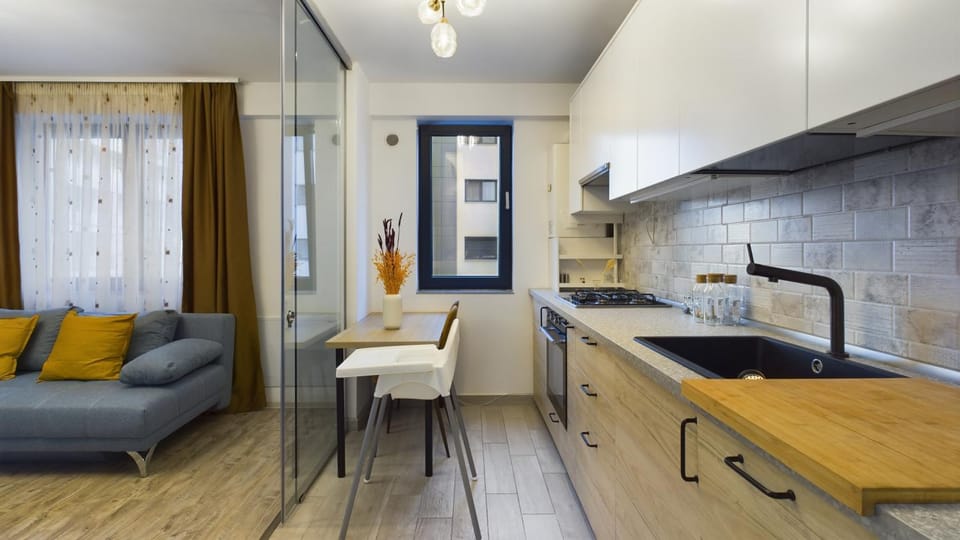 Kitchen or kitchenette, Living room, Seating area, Dining area, stove