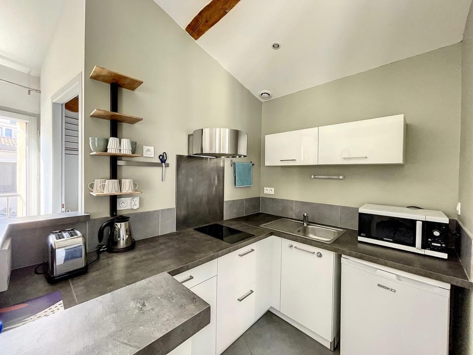 Kitchen or kitchenette, minibar, stove, toaster, washing machine