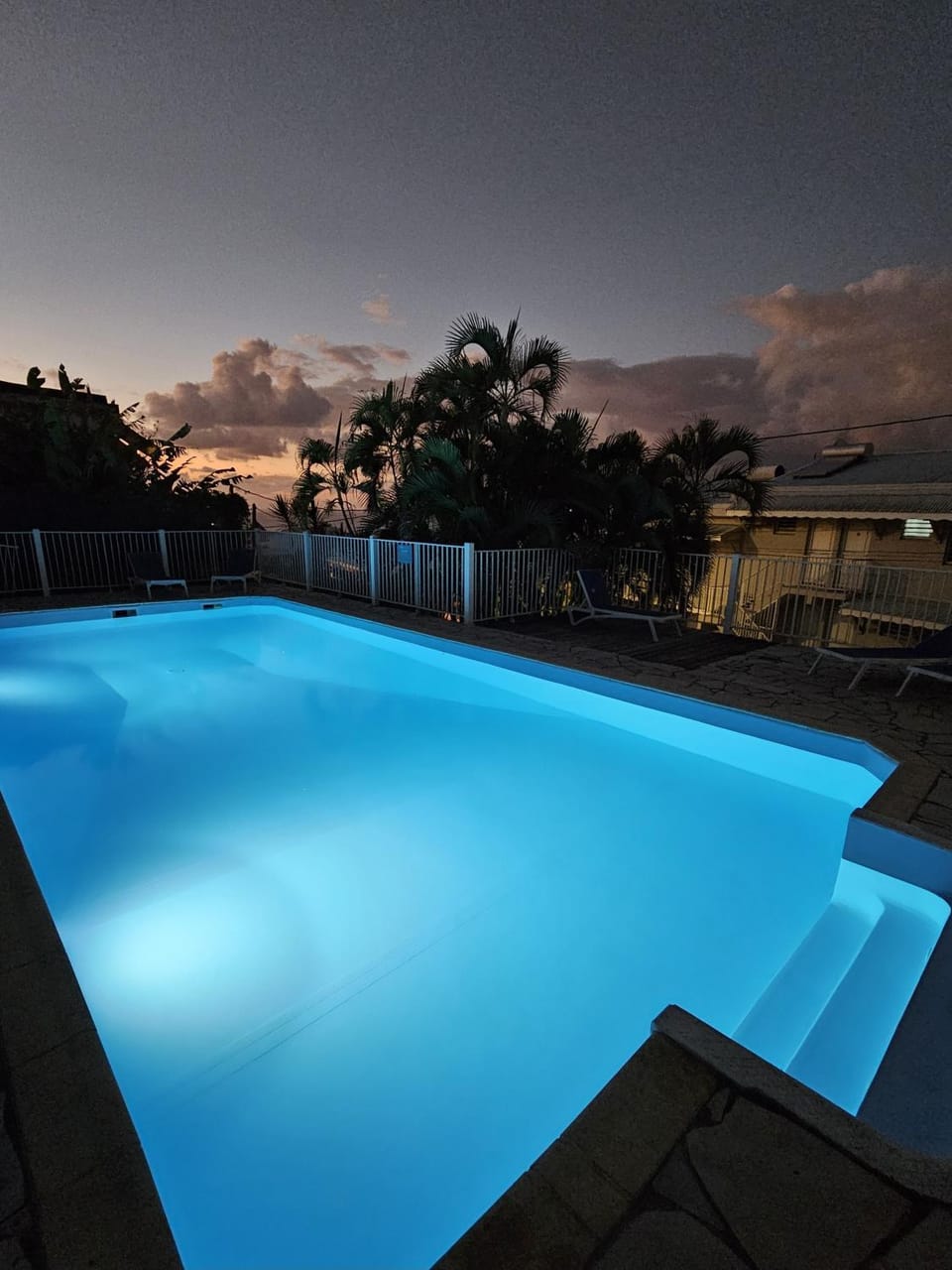 Night, Pool view, Swimming pool, sunbed