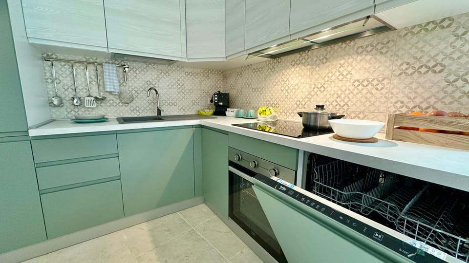 Kitchen or kitchenette, stove