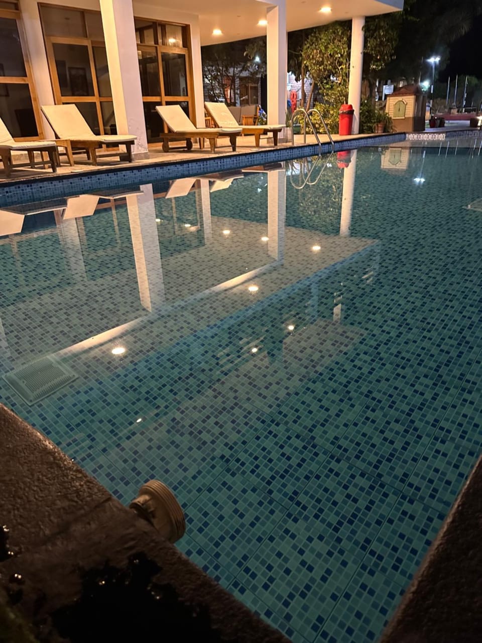 Night, Pool view, Swimming pool, sunbed