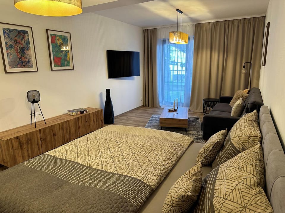 Bed, TV and multimedia, Living room, Seating area, Bedroom