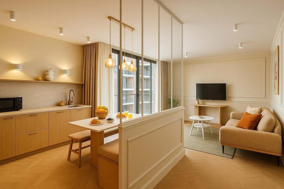 TV and multimedia, Kitchen or kitchenette, Living room, Seating area, Dining area