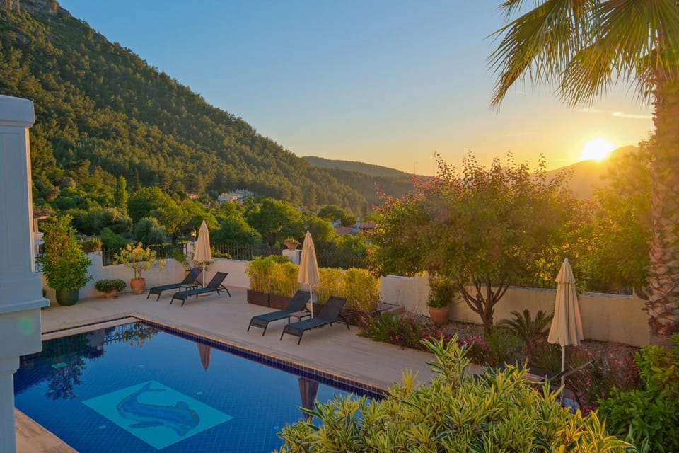 Natural landscape, Garden, Garden view, Mountain view, Swimming pool, Sunset, sunbed