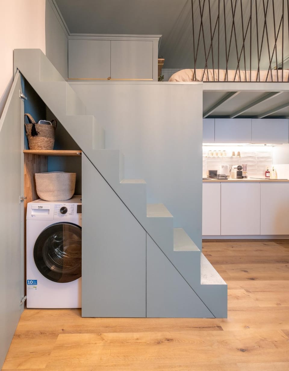 Bedroom, storage, washing machine, kitchen
