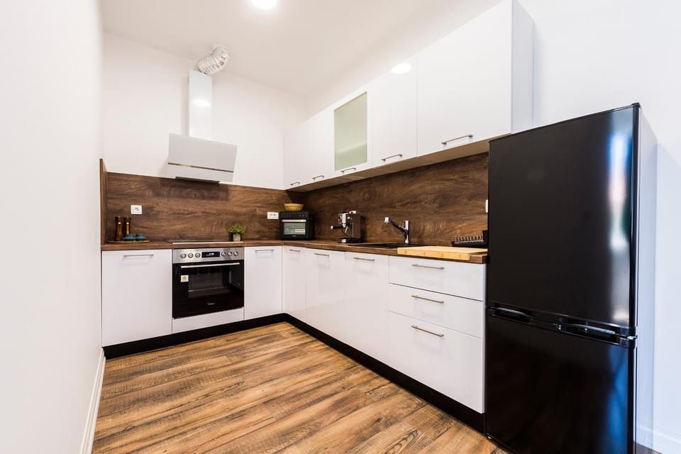 Kitchen or kitchenette, dishwasher, oven, stove