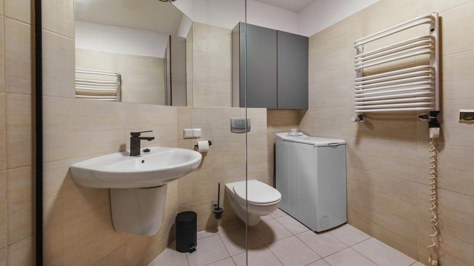 Shower, Toilet, Bathroom, towels, washing machine, dryer
