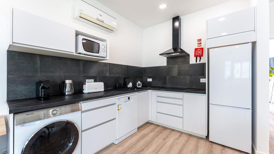 Kitchen or kitchenette, dishwasher, minibar, stove, toaster, washing machine, dryer