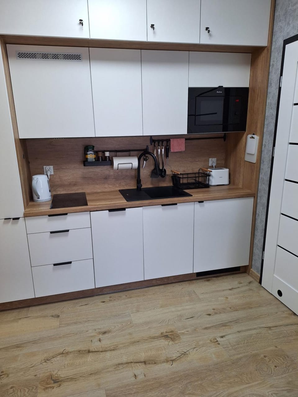 Kitchen or kitchenette, stove