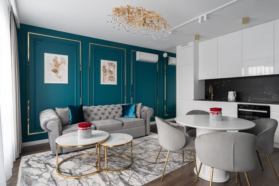 Kitchen or kitchenette, Living room, Seating area, Dining area