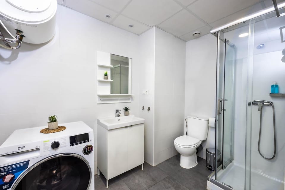 Shower, Toilet, towels, washing machine
