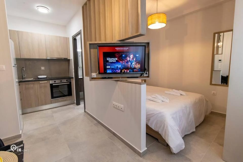 Bed, TV and multimedia, Kitchen or kitchenette, Photo of the whole room, Bedroom, oven, stove