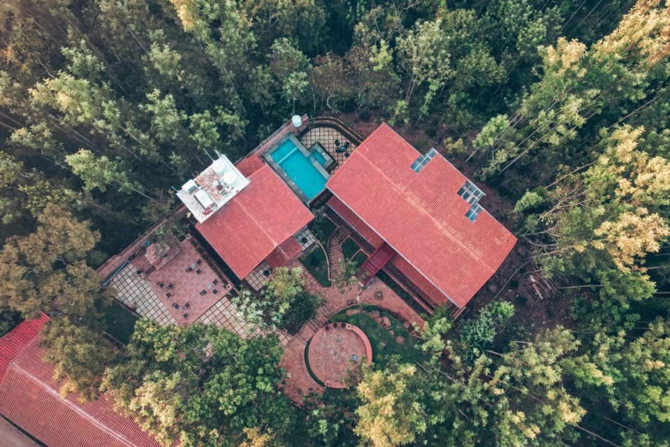 Property building, Natural landscape, Bird's eye view, Garden, Swimming pool