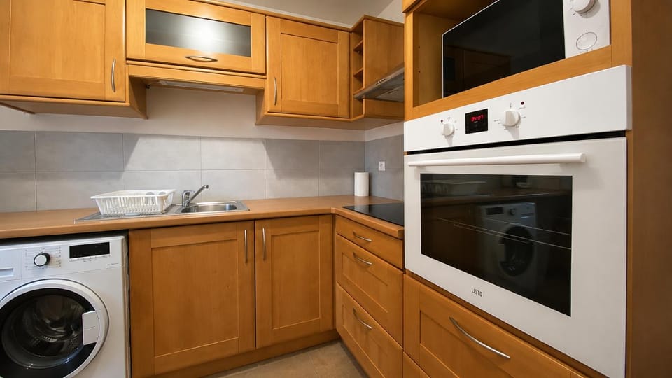Kitchen or kitchenette, oven, stove, washing machine