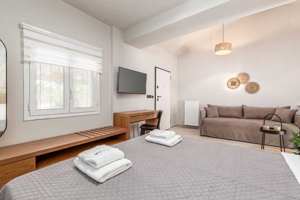 Bed, TV and multimedia, Living room, Photo of the whole room, Seating area, Bedroom, towels