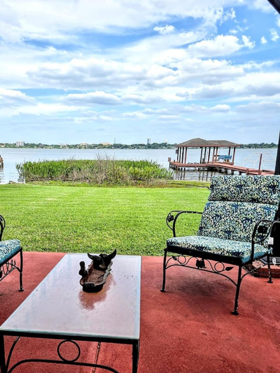 Patio, Spring, Day, Natural landscape, View (from property/room), Seating area, Dining area, Lake view