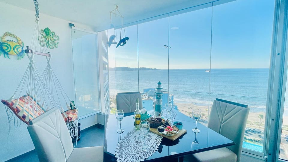 Natural landscape, Summer, View (from property/room), Balcony/Terrace, Living room, Food and drinks, Seating area, Dining area, Beach, Food, Sea view, Drinks, Parking