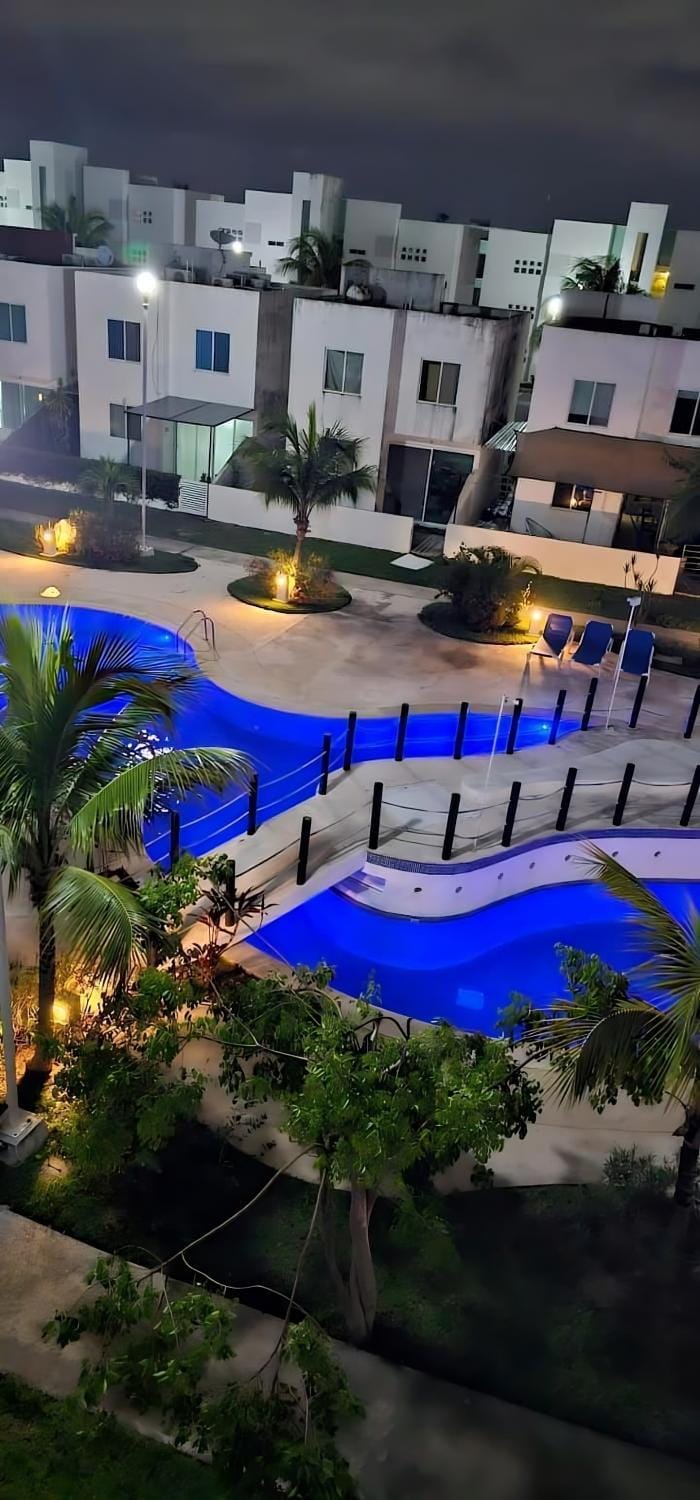 Property building, Night, Garden, Pool view, Swimming pool