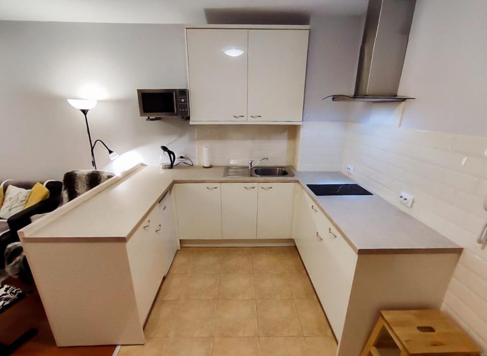 Kitchen or kitchenette, microwave, stove