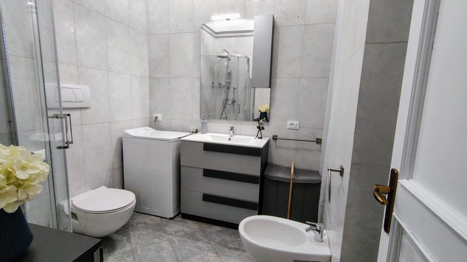 Shower, Toilet, Bathroom, Bath, bidet, towels, washing machine