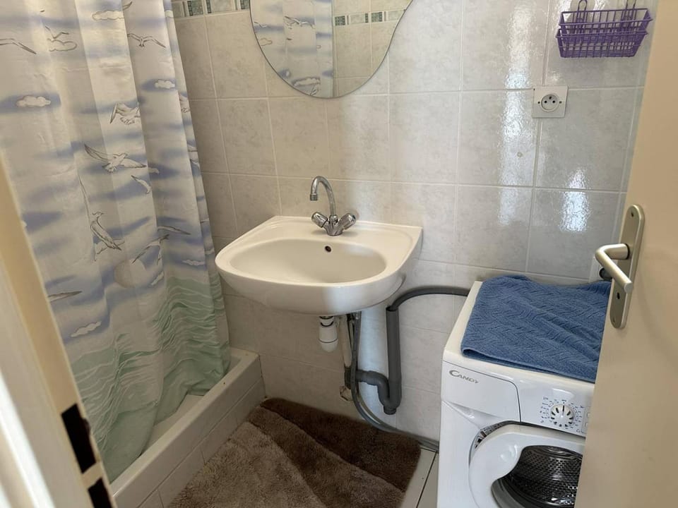 Shower, towels, washing machine