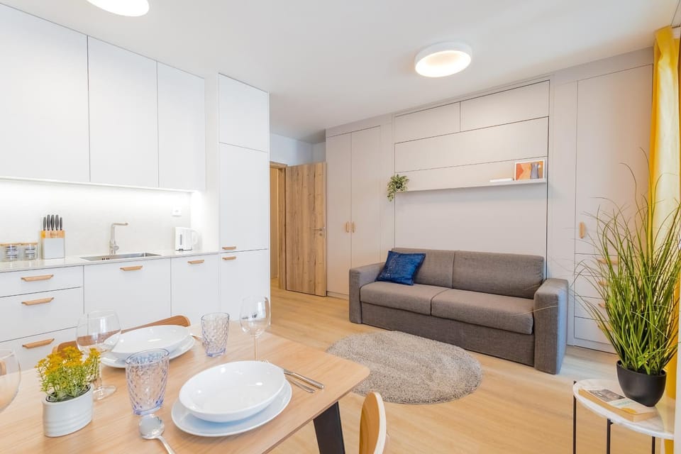 Kitchen or kitchenette, Living room, Seating area, Dining area