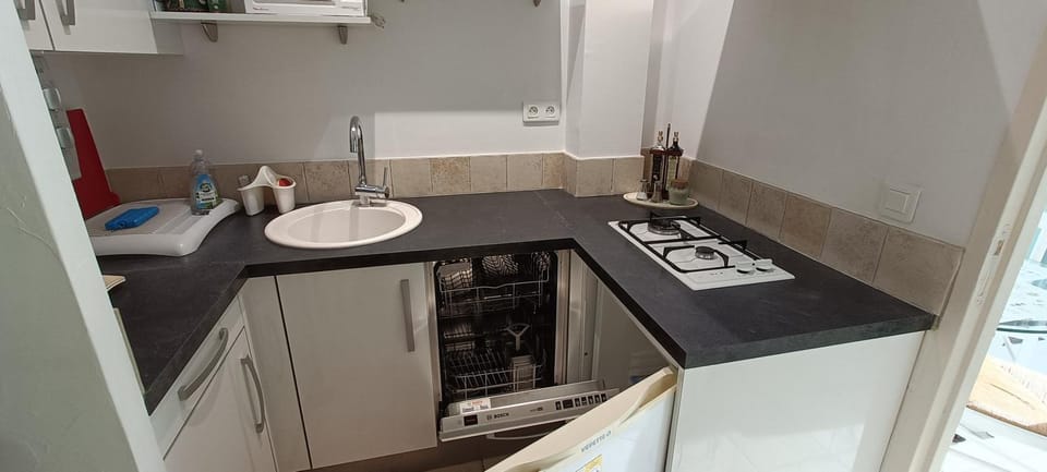 Kitchen or kitchenette, dishwasher, stove