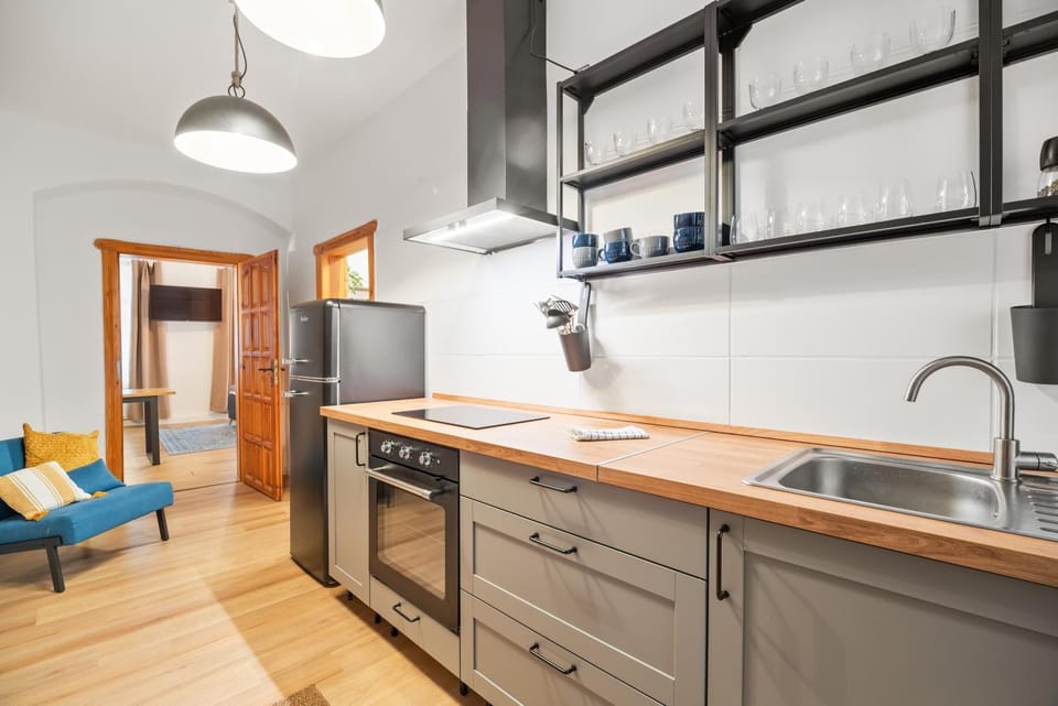 Kitchen or kitchenette, dishwasher, oven, stove