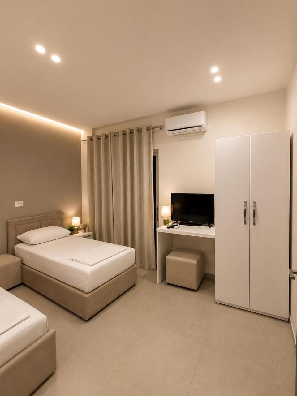 Bed, wardrobe