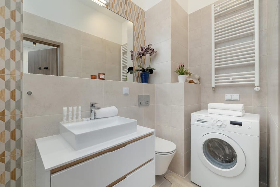 Bathroom, towels, washing machine