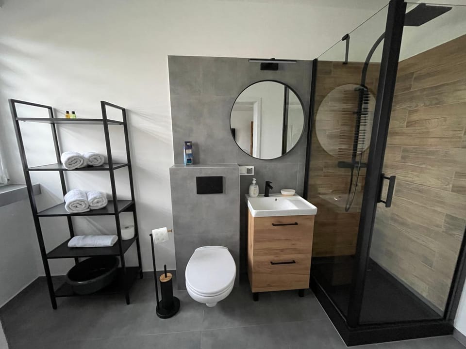 Shower, Toilet, Bed, Bathroom, Photo of the whole room, Bedroom, towels
