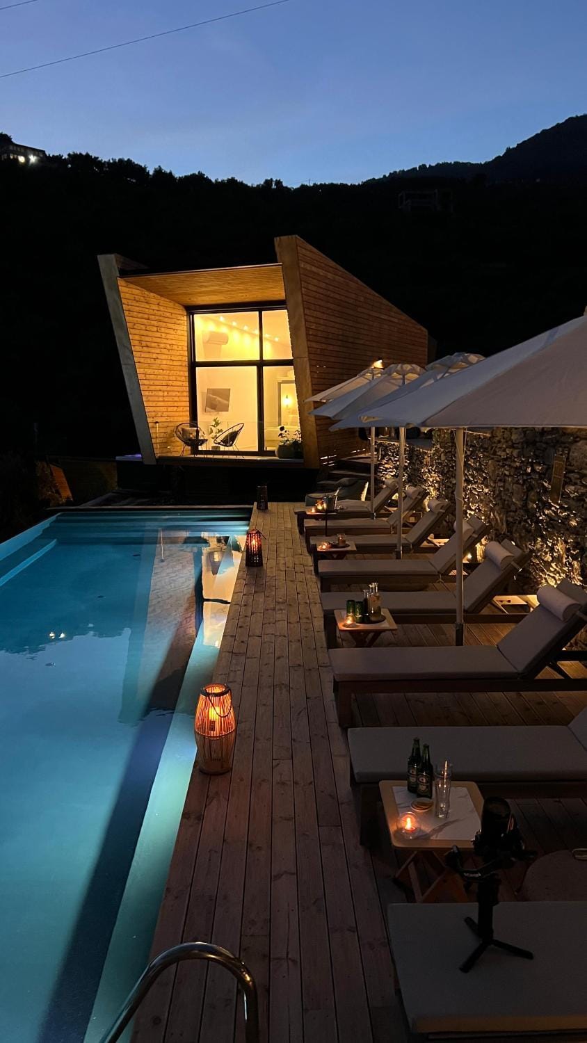 Property building, Night, Swimming pool