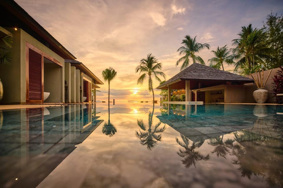 Natural landscape, Pool view, Swimming pool, Sunset, sunbed