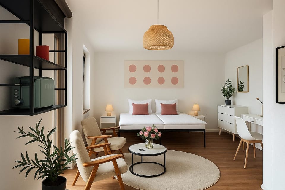 Bed, Living room, Photo of the whole room, Seating area, Bedroom