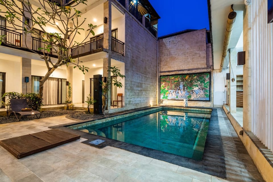 Property building, Patio, Night, Pool view, Swimming pool, sunbed