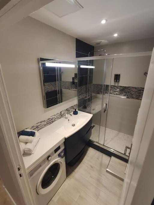 Shower, Bathroom, bidet, towels, washing machine