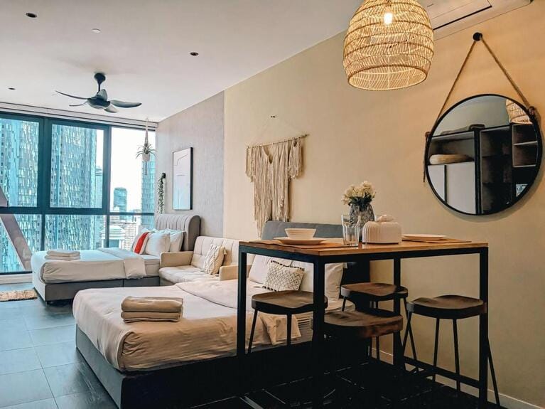 Bed, Living room, Seating area