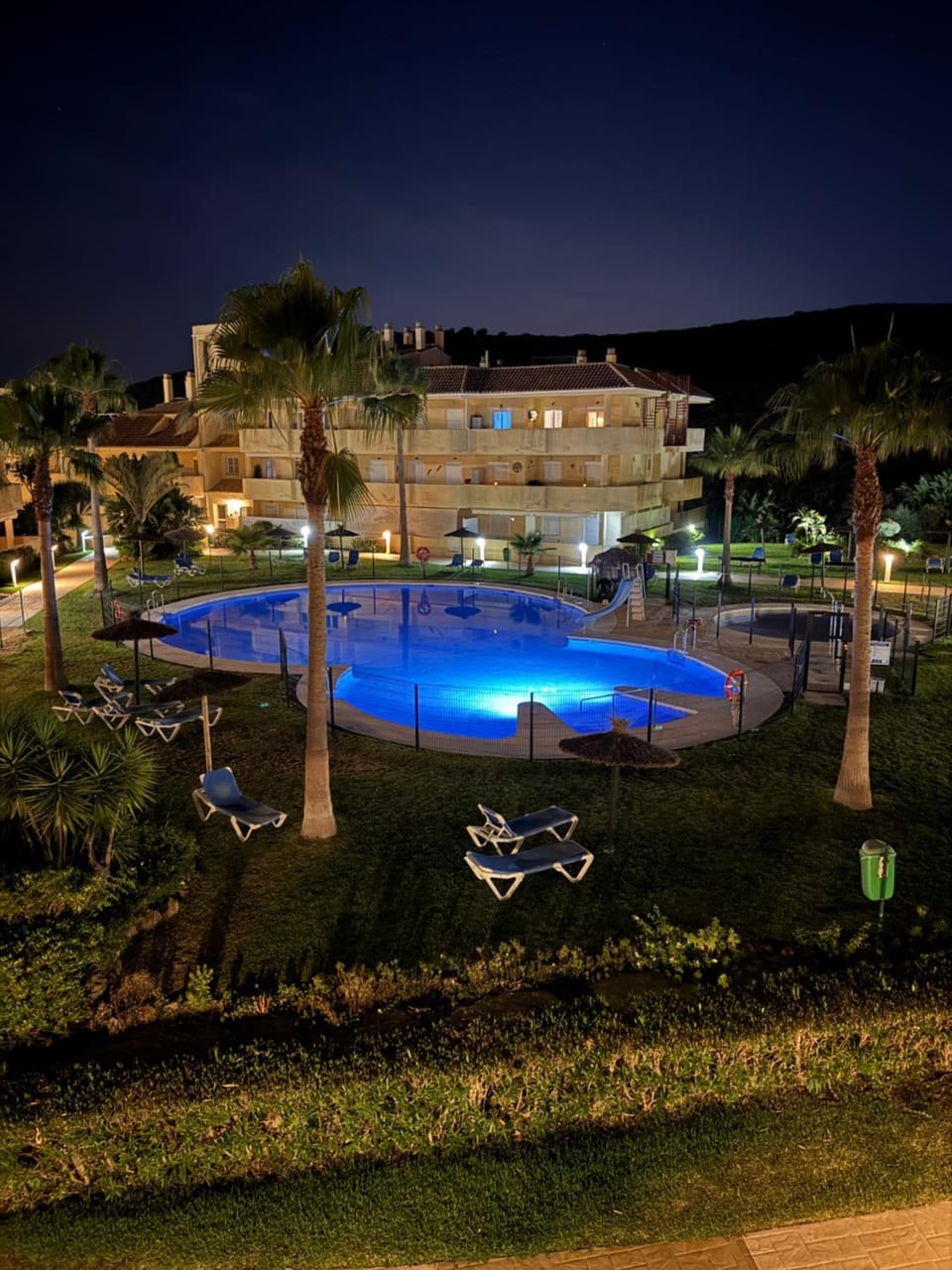 Property building, Night, Swimming pool, sunbed