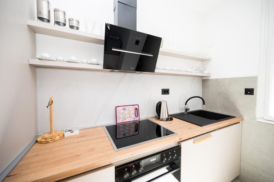 Kitchen or kitchenette, stove
