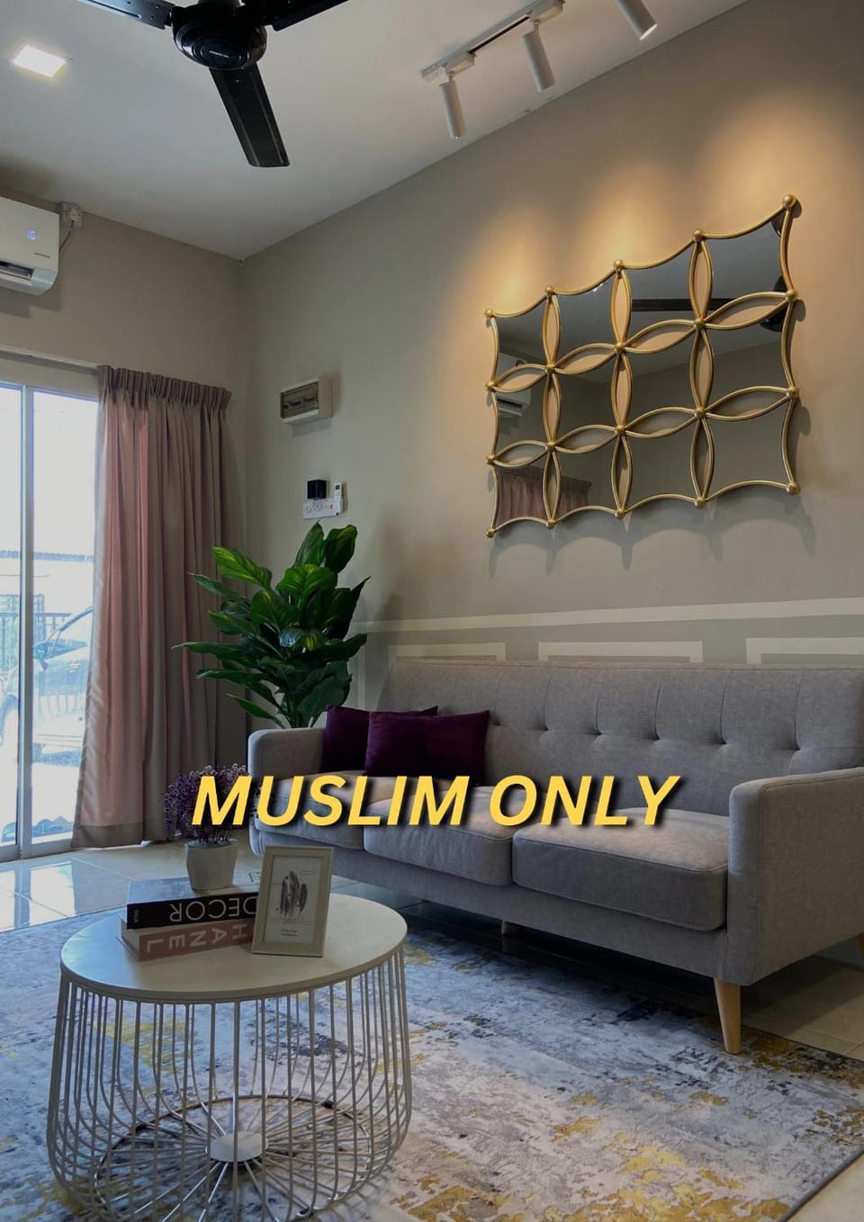 Living room, Seating area, Text overlay, air conditioner