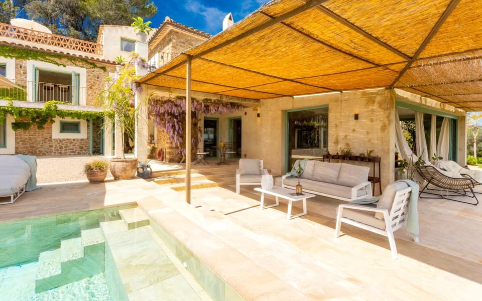 Property building, Patio, Day, Natural landscape, Garden, View (from property/room), Balcony/Terrace, Seating area, Garden view, Pool view, Swimming pool, sunbed