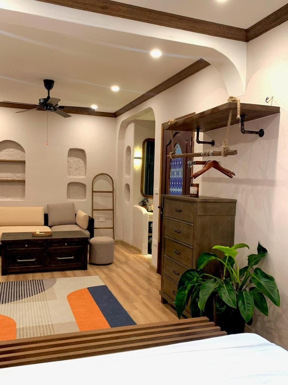 Bed, Living room, Seating area, Bedroom